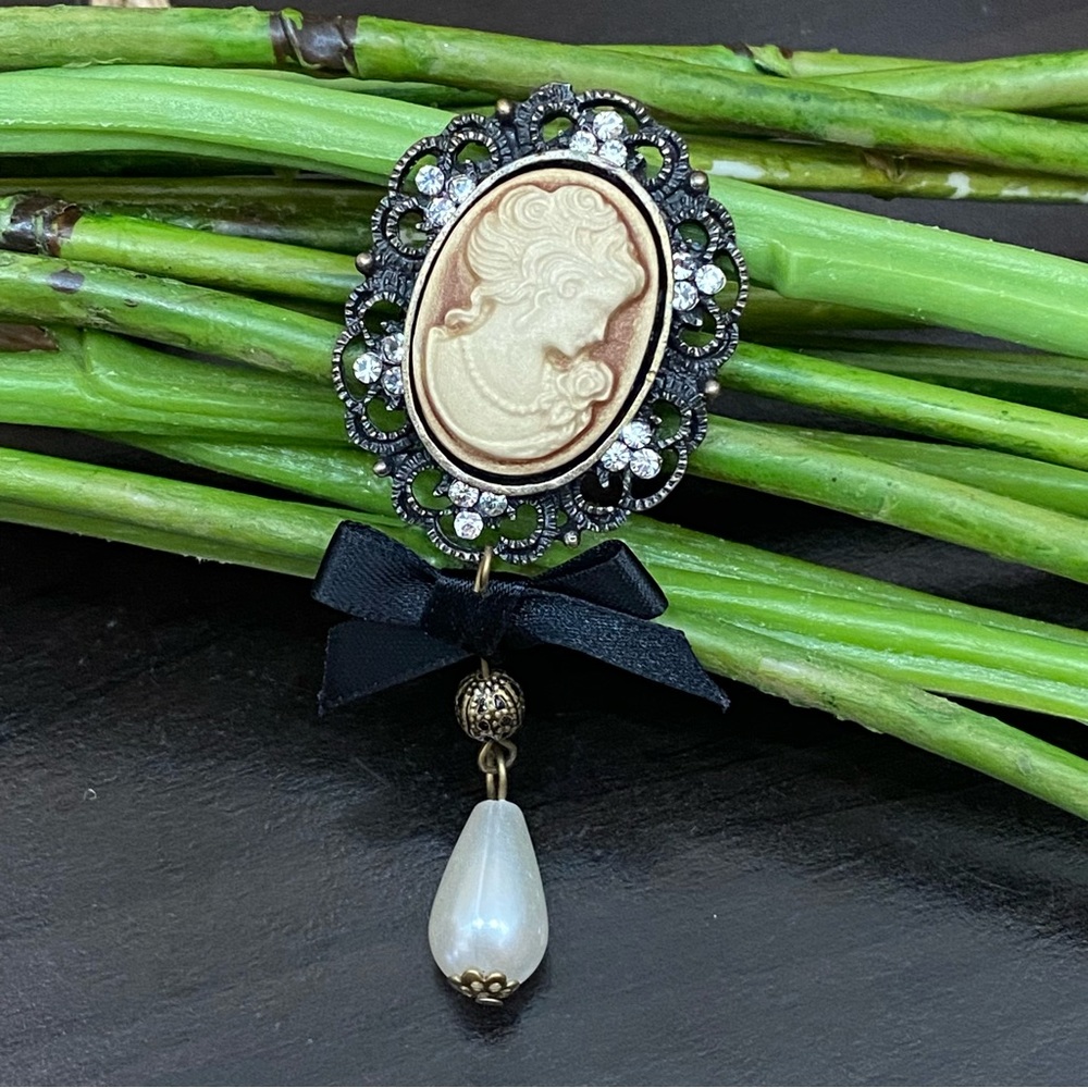 Vintage Unsigned Cameo with Black Bow & Faux Pearl Dangle Brooch